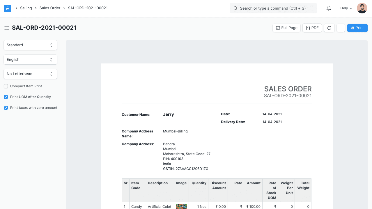Bon de commande client dans le module Ventes d'Eixio
