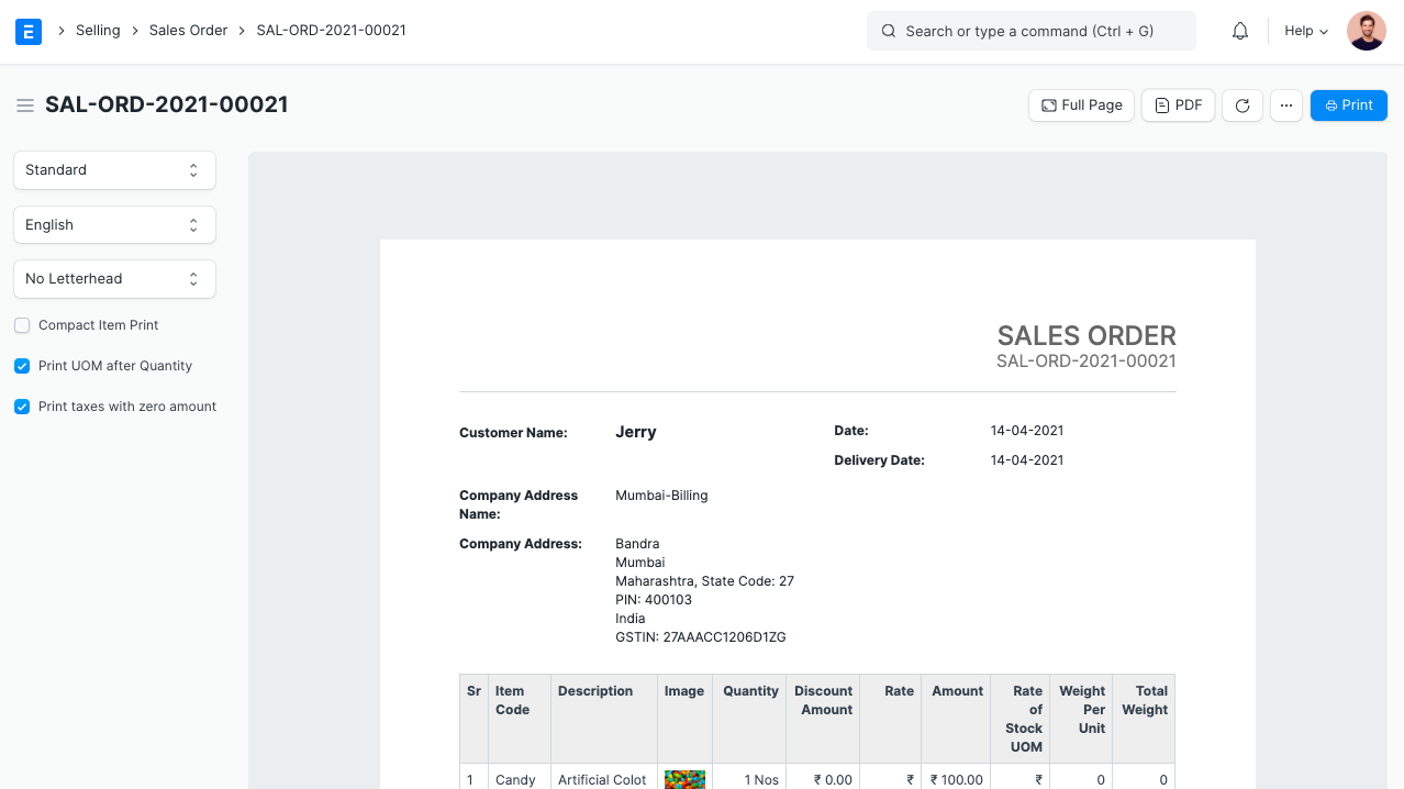 Bon de commande client dans le module Ventes d'Eixio